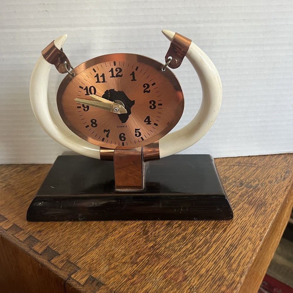 African Continent Copper Desk Clock with Tusks Tribal Art Display Piece TRSH